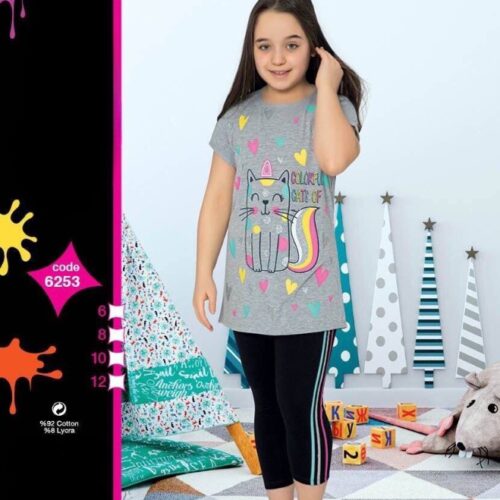 Full Likralı Kız Çocuk Renkli Kalpli Kedi Pijama